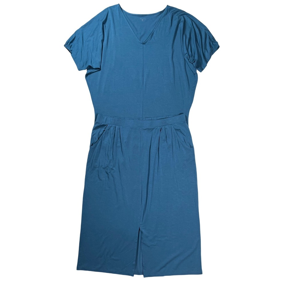 Garnet Hill Skirt Set Womens XL Teal Blue Tencel Lyocell Dolman V-Neck Midi Slit